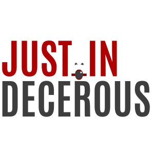Justin Decorous logo in black and red lettering on a white background