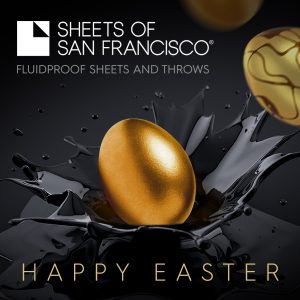 Golden Easter Egg nestling in a black splash on a black background White Sheets of san Francisco Logo and Happy Easter Message