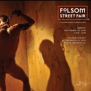 Folsom Street Fair promotional image feature a naked ma from the rear holding a heavy chain over his shoulder with his shadow showing against pale ochre coloured walls