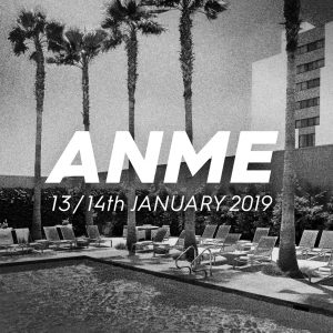 ANME logo in white over background black & white image of palm trees and sun beds around a swimming pool