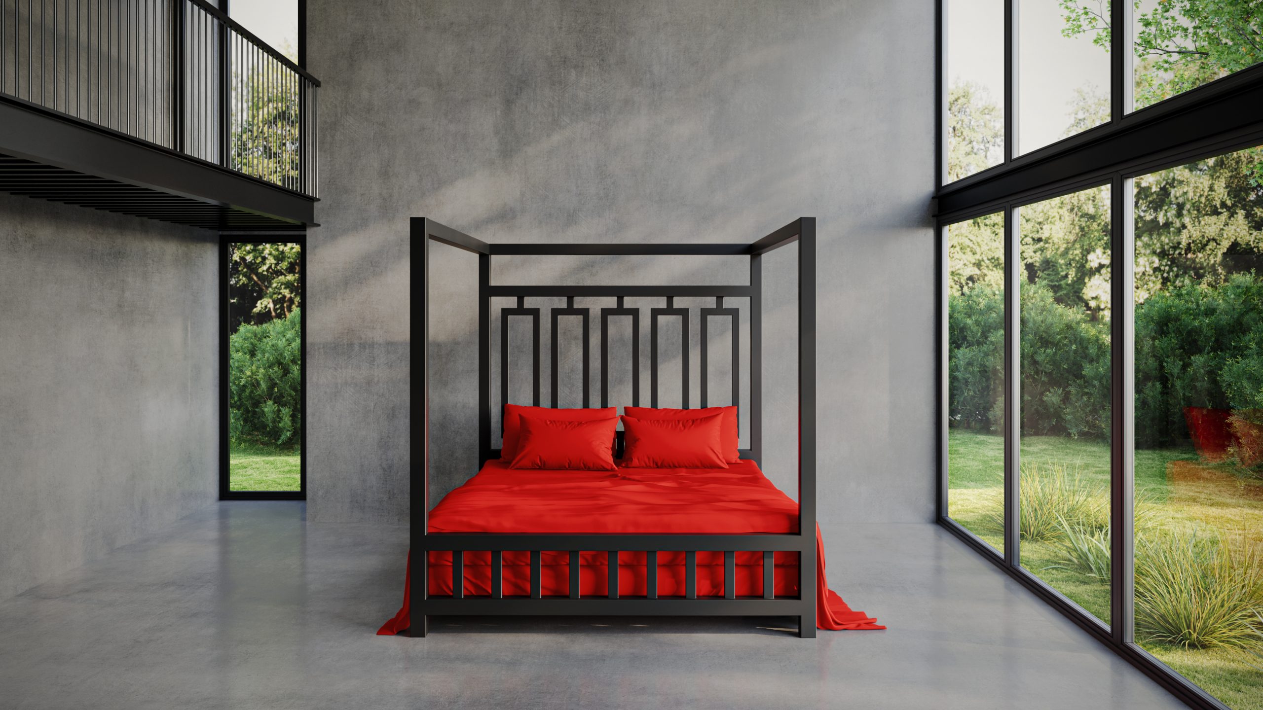 Sheets of San Francisco red fluid proof bed sheets on a black metal 4 poster dungeon style bed illustrating that waterproof sex sheets can look good as well as being highly practical and resistant to lubes oils wax bodily fluids etc. All set against a background of polished concrete walls and floors with dark framed full height glazing showing views of grass and shrubs in the garden