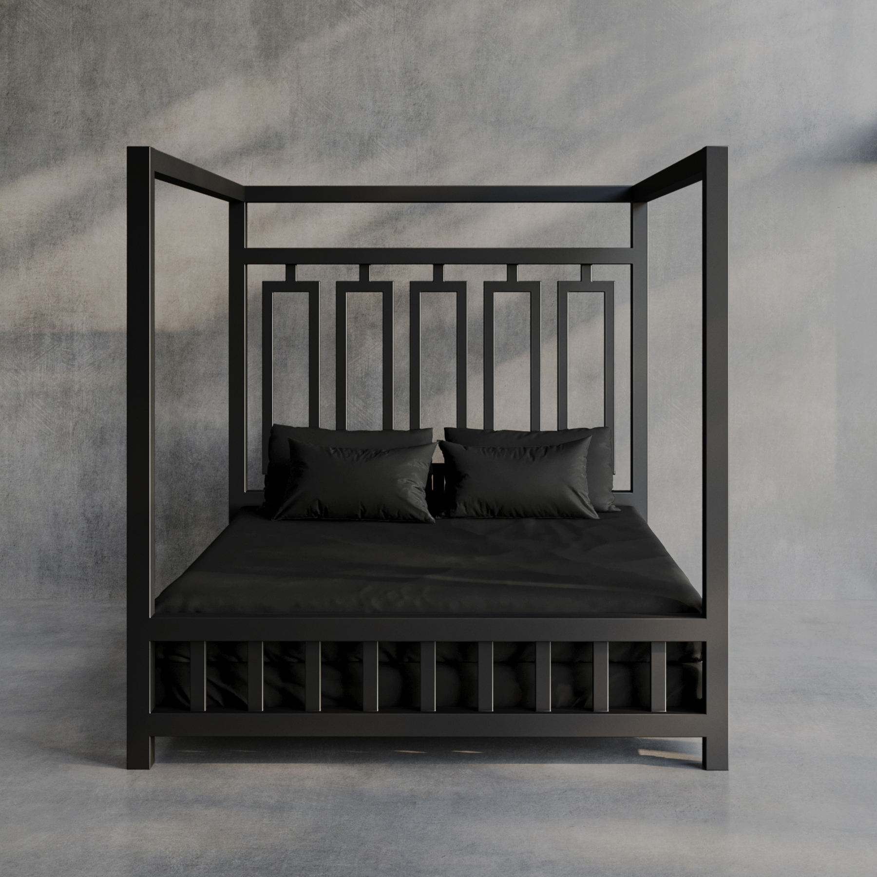Product image of a Black Sheets of San Francisco Waterproof, wax proof and fluidproof bed sheet and 4 pillows with matching Black waterproof covers. Displayed on a black metal four poster dungeon bed set against grey polished concrete floor and walls with black frames full height glazing giving a view of grass and shrub s in the garden