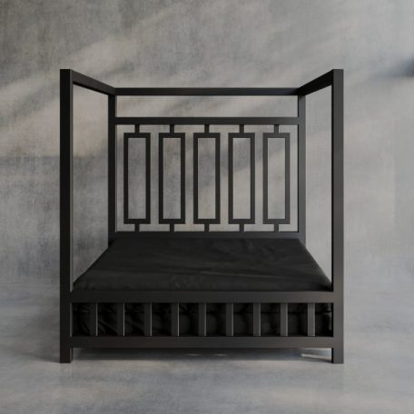 Product image of a Black Sheets of San Francisco Waterproof, lube proof and fluid proof bed sheet designed to protect the mattress from and mess and fluids during sex. Displayed on a black metal four poster dungeon bed set against a grey polished concrete floor