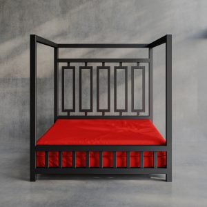 Product image of a Red Sheets of San Francisco Waterproof, wax proof and fluidproof bed sheet designed to protect the mattress from and mess and fluids such as lube during sex. Displayed on a black metal four poster dungeon bed set against a grey polished concrete floor