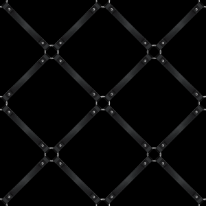 Close up of design of printed waterproof throw showing a diamond pattern design of black leather bondage straps with silver metal connectors on a black background