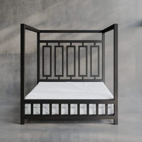 Product image of a White Sheets of San Francisco Waterproof, lube proof and fluidproof bed sheet designed to protect the mattress from and mess and fluids during sex. Displayed on a black metal four poster dungeon bed set against a grey polished concrete floor