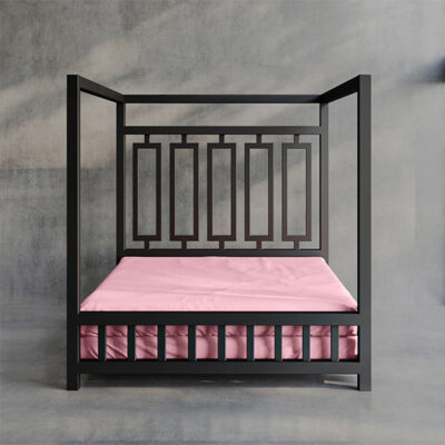 Product image of a Pink Sheets of San Francisco Waterproof, lube proof and fluid proof bed sheet designed to protect the mattress from and mess and fluids during sex. Displayed on a black metal four poster dungeon bed set against a grey polished concrete floor