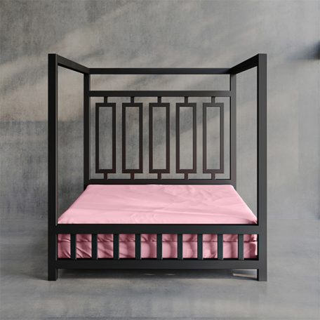 Product image of a Pink Sheets of San Francisco Waterproof, lube proof and fluid proof bed sheet designed to protect the mattress from and mess and fluids during sex. Displayed on a black metal four poster dungeon bed set against a grey polished concrete floor